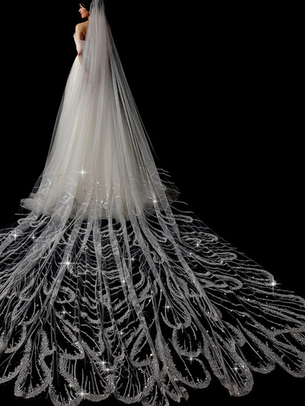 3.5m Sparkle Sequined Cathedral Bridal Veil Feather Pattern Comb